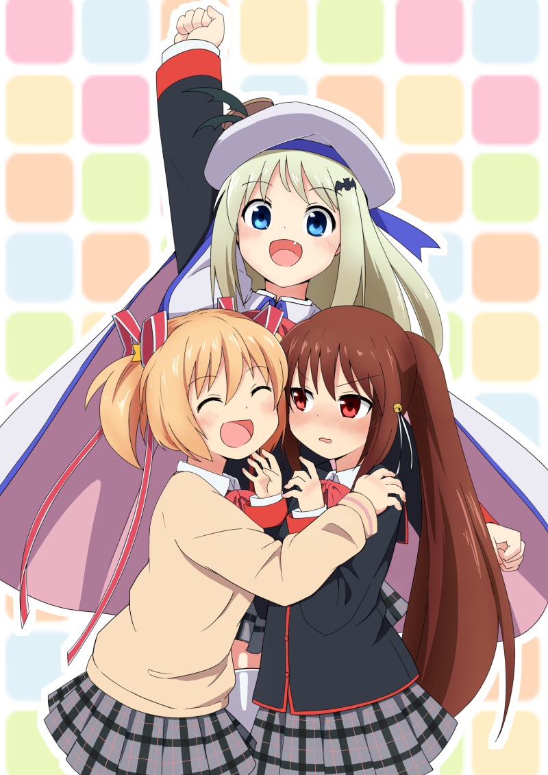 blonde_hair, blue_eyes, brown_hair, cape, closed_eyes, eyes_closed, fang, hat