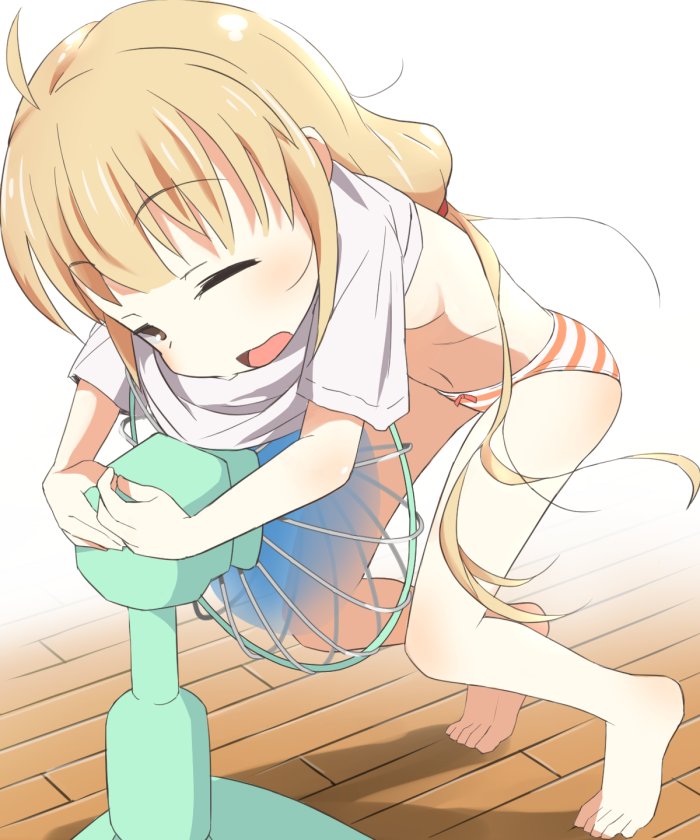barefoot, blonde_hair, electric_fan, fanning_crotch, fanning_self, feet, futaba_anzu, idolmaster