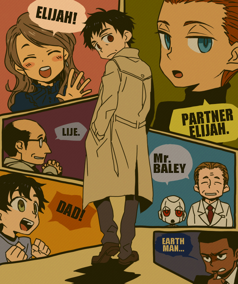 50s, 6+boys, android, bald, bentley_baley, biting, black_hair, blue_eyes, brown_eyes, brown_hair, character_request, child, coat, corwin_attlebish, detective, earrings, elijah_baley, english, gendou_pose, glasses, green_eyes, hand_in_pocket, hands_clasped, jewelry, jezebel_baley, julius_enderby, kurosuke_(nora), kurosuke_shiro, long_hair, looking_back, multiple_boys, nail_biting, old_man, oldschool, open_mouth, r_daneel_olivaw, raincoat, robot, science_fiction, shadow, short_hair, smile, teeth, the_caves_of_steel, the_naked_sun, waving