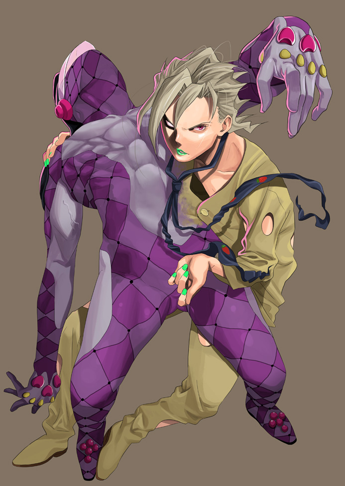 blonde_hair, gujira, jojo_no_kimyou_na_bouken, multiple_boys, nail_polish, pannacotta_fugo, purple_haze, purple_haze_(stand)