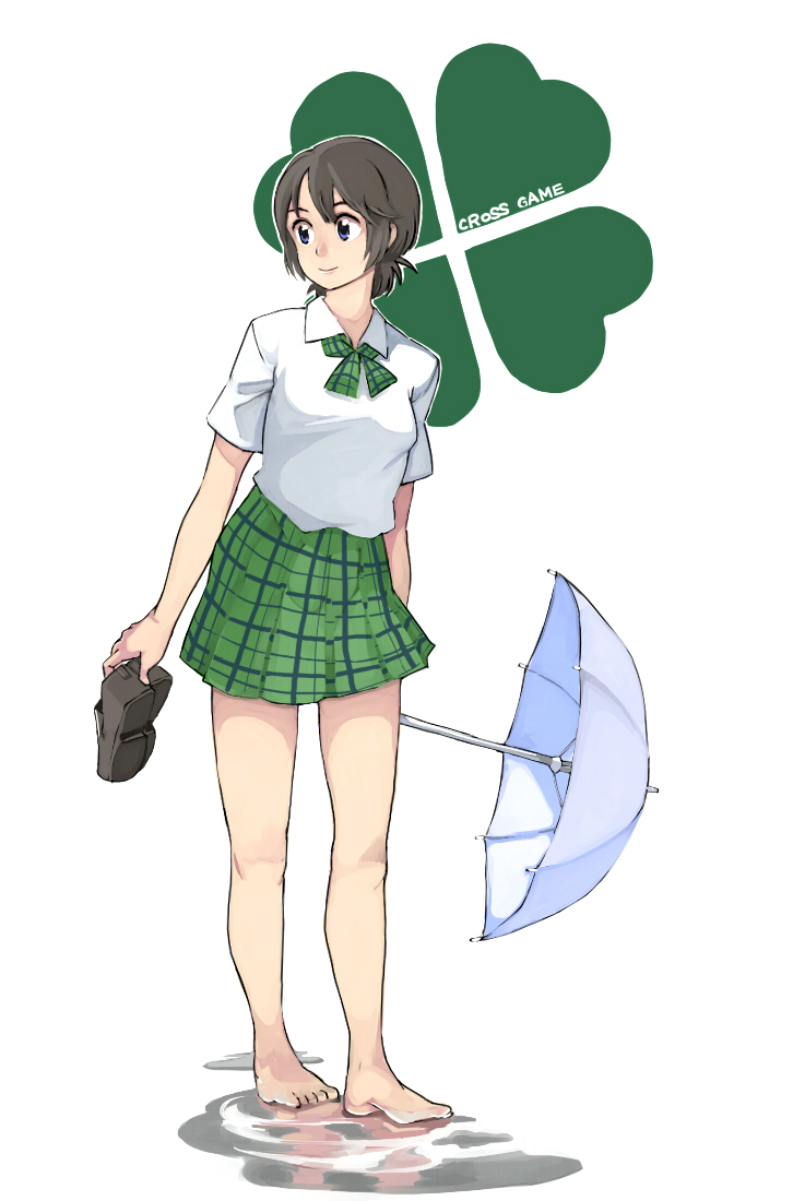 1girl, barefoot, black_eyes, black_hair, cross_game, feet, holding, holding_shoes