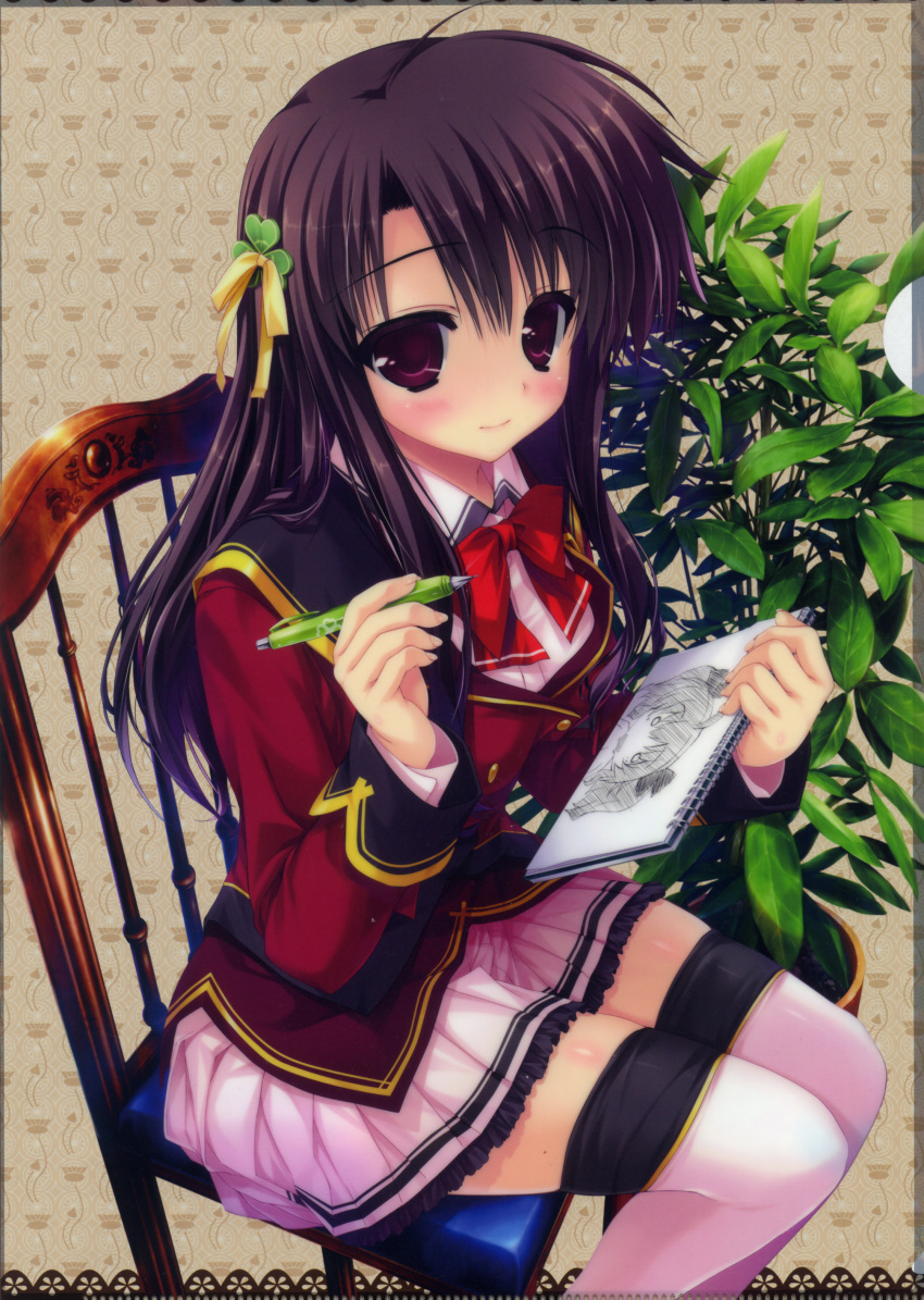 absurdres, chair, clover, hair_ornament, highres, kugayama_konoka, pink_legwear, plant