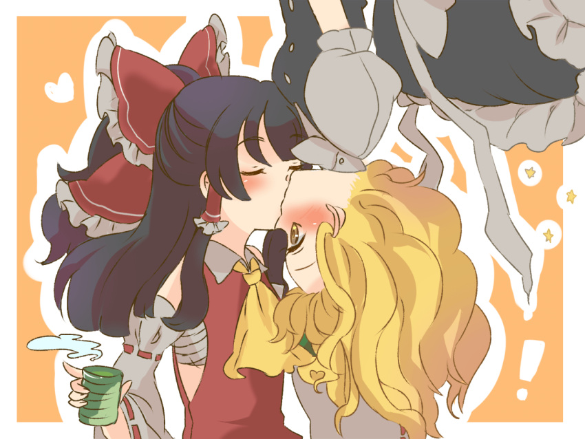 2girls, black_hair, blonde_hair, blush, bow, brown_hair, cup, detached_sleeves, hair_bow, hair_tubes, hakurei_reimu, hovering_kousin, kirisame_marisa, kiss, long_hair, multiple_girls, sarashi, steam, touhou, upside-down, upside-down_kiss, yellow_eyes, yuri