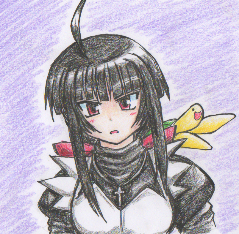1girl, ahoge, black_hair, blush, colored_pencil_(medium), cross, cross_necklace, gothic_lolita, kouma_bonmaid, lolita_fashion, love_hina, red_eyes, tama_(love_hina), traditional_media, turtle, urashima_kanako