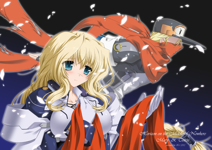 1girl, blonde_hair, blue_eyes, blush, bodysuit, braid, breasts, character_name, fana, fingerless_gloves, gloves, hat, kyoukai_senjou_no_horizon, large_breasts, long_hair, mary_stuart, ninja, petals, scar, scarf, short_hair, single_braid, tenzou_crossunite, title_drop
