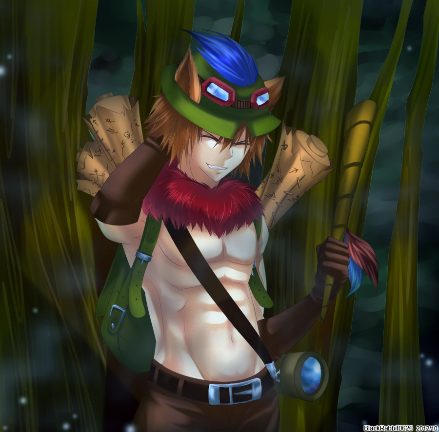 1boy, animal_ears, backpack, bag, belt, blowgun, brown_hair, closed_eyes