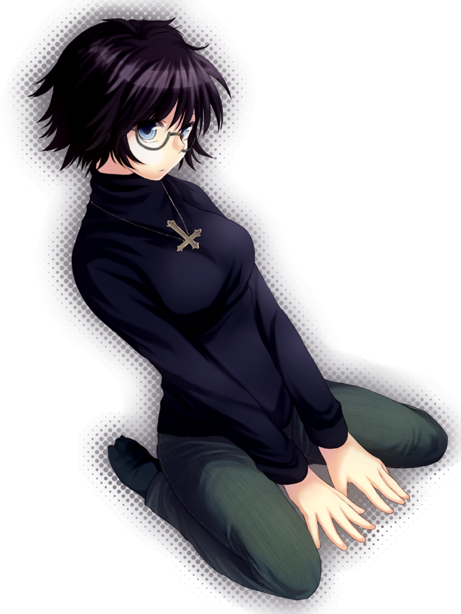 black_hair, black_legwear, blue_eyes, cross, genei_ryodan, glasses, himajinu_ocha, hunter_x_hunter, inverted_cross, jeans, jewelry, long_sleeves, looking_at_viewer, glasses, messy_hair, necklace, shirt, shizuku_(hunter_x_hunter), short_hair, sitting, socks, sweater, wariza