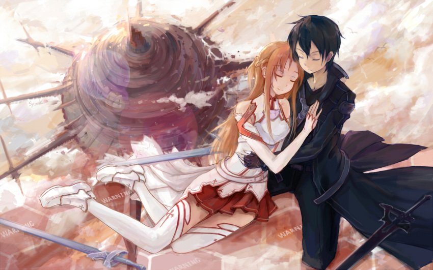 1girl, aincrad, asuna_(sao), bare_shoulders, black_hair, brown_hair, couple, detached_sleeves, kirito, long_hair, short_hair, skirt, spark_(pixiv), spark_(sandro), spoilers, sword, sword_art_online, thigh-highs, thighhighs, weapon
