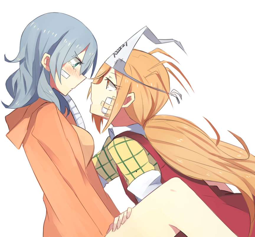 2girls, bandage, bandages, bandaid, between_legs, binbougami_ga!, blonde_hair, blue_hair