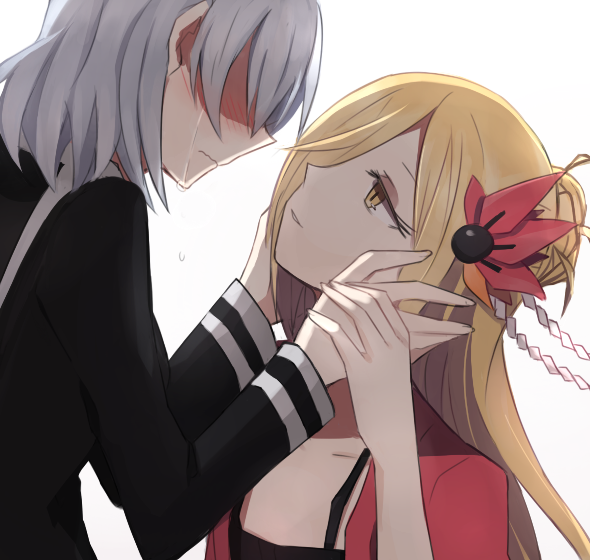 binbougami_ga!, blonde_hair, blush, eye_contact, grey_hair, hair_ornament, hair_over_eyes, hand_holding