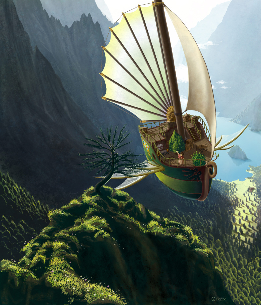 absurdres, anchor, artist_request, barcelona88fly, brown_hair, cloud, clouds, grass