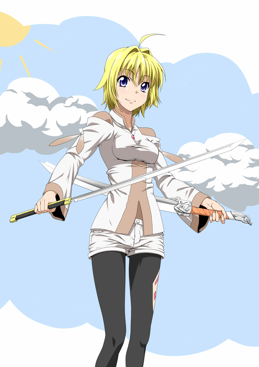 blonde_hair, blue_eyes, breasts, iyakun, legwear_under_shorts, original, pantyhose, real_heaven_emissary