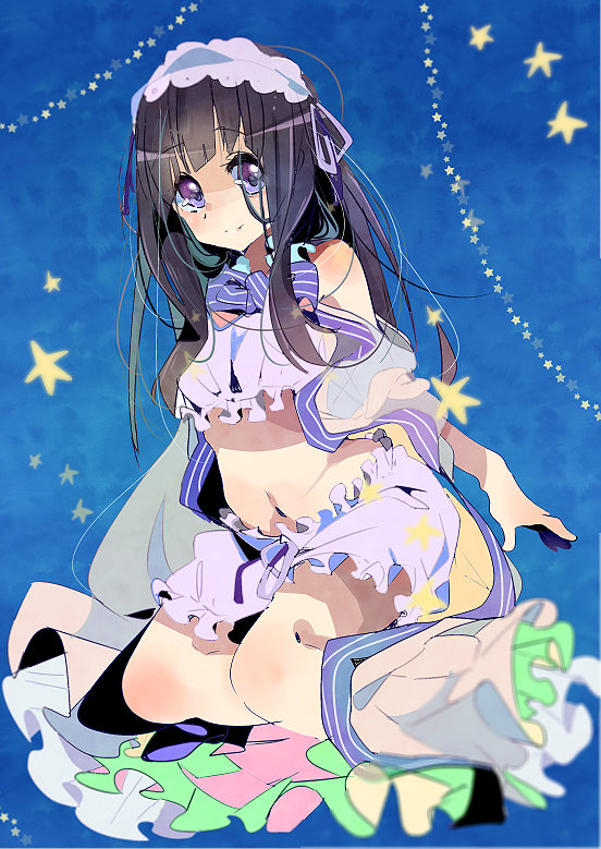 black_hair, bloomers, chitanda_eru, hyouka, long_hair, madoromi_no_yakusoku, maid_headdress, purple_eyes, ribbon, sunameri_oishii, violet_eyes