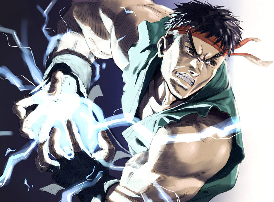 bared_teeth, black_hair, brown_eyes, dougi, energy_ball, eyebrows, fingerless_gloves, gloves