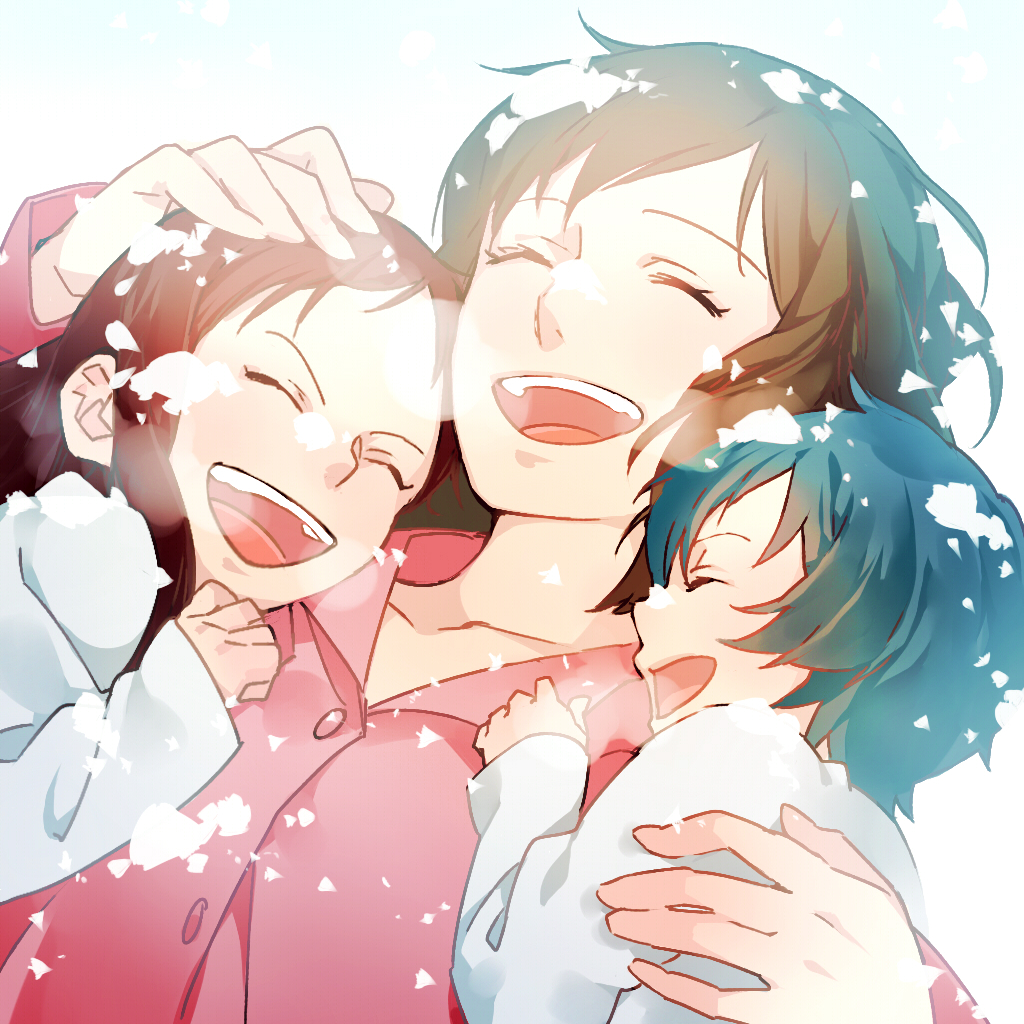 2girls, ame_(ookami_kodomo), blue_hair, brown_hair, closed_eyes, eyes_closed, family, group_hug