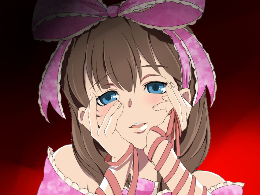 arm_ribbon, bare_shoulders, blue_eyes, blush, brown_hair, face, hair_ribbon, hands_on_own_cheeks