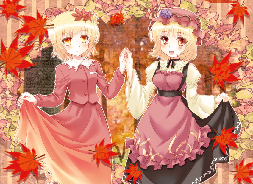 :d, aki_minoriko, aki_shizuha, autumn_leaves, blonde_hair, blush, dress, food