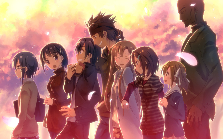 5girls, :d, ^_^, agil, arm_around_neck, asada_shino, asuna_(sao), bag