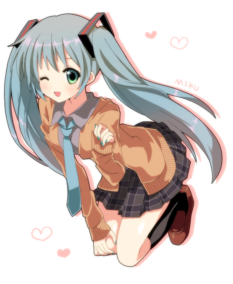 aqua_hair, bad_id, character_name, green_eyes, hatsune_miku, kneeling, kumakichi_(toshigat), long_hair