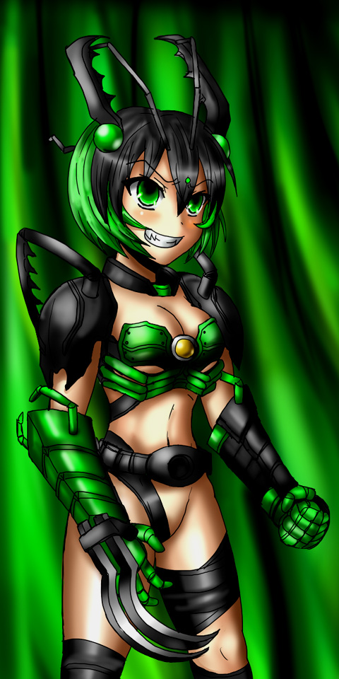 1girl, bad_id, black_hair, breasts, claws, cleavage, evil_grin, evil_smile, female, genderswap, greed, green_eyes, green_hair, grin, insect_girl, kamen_rider, kamen_rider_ooo_(series), personification, sharp_teeth, shousaki, smile, solo, thigh-highs, thighhighs, uva, villain