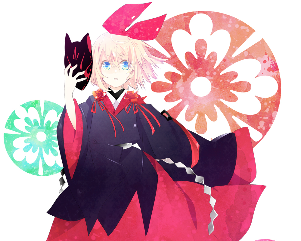 blonde_hair, blue_eyes, fox_mask, hair_ribbon, highres, japanese_clothes, kagamine_rin, kaisaki