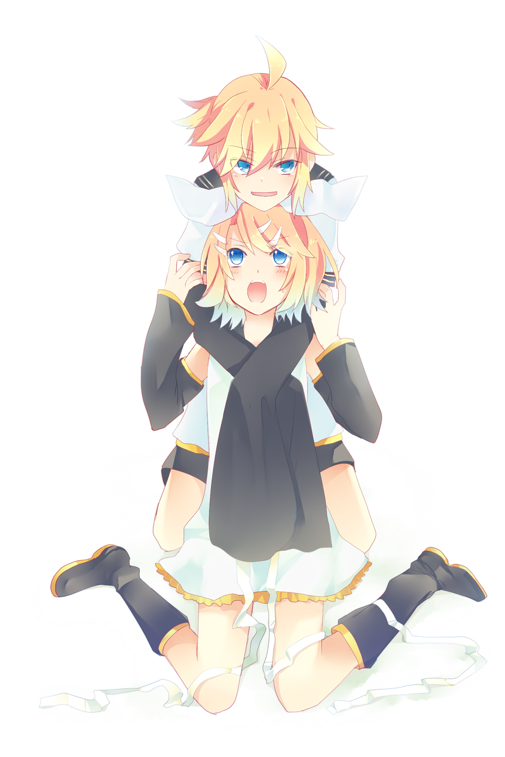 1girl, aqua_eyes, arm_warmers, blonde_hair, boots, brother_and_sister, highres, hug