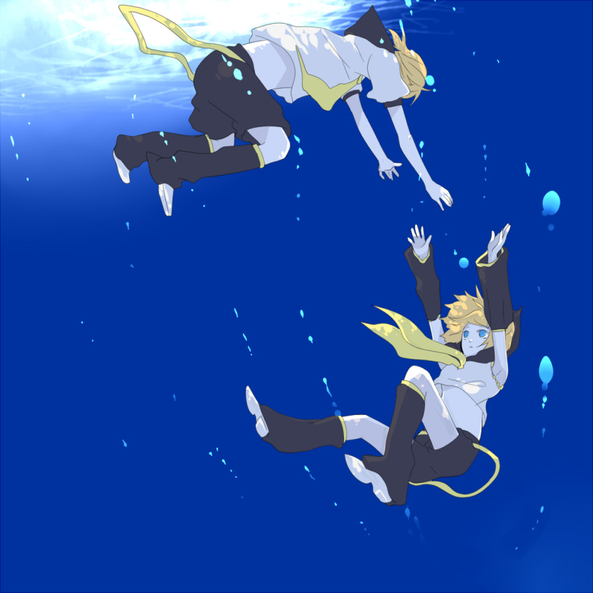 1girl, blonde_hair, blue_eyes, brother_and_sister, bubble, highres, kagamine_len, kagamine_rin