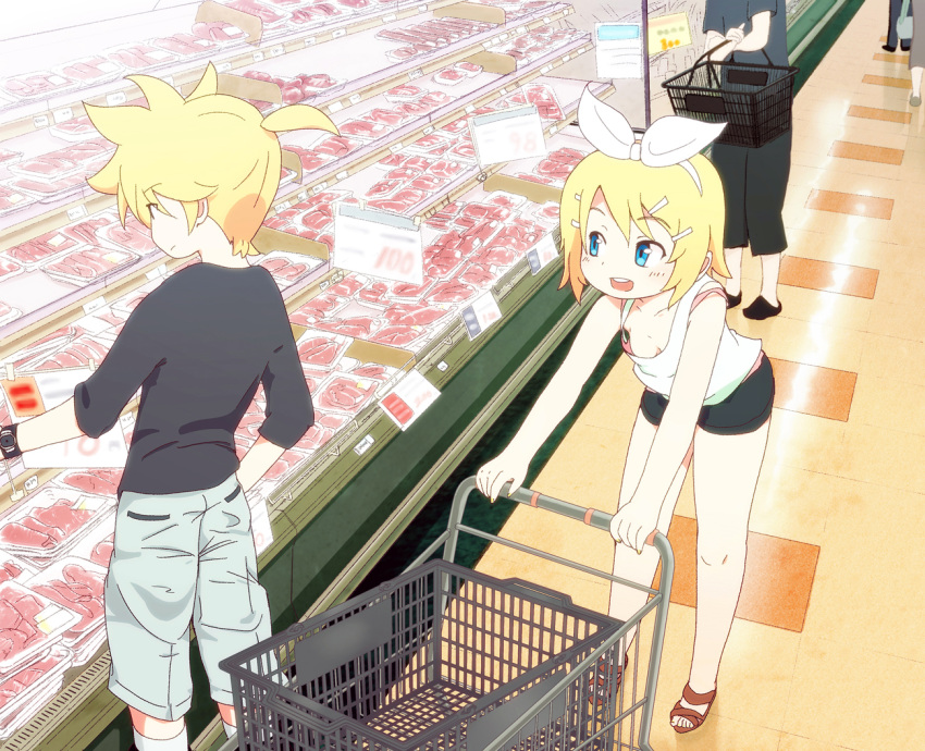 1girl, blonde_hair, blue_eyes, brother_and_sister, down_blouse, hair_ornament, hair_ribbon, hairclip