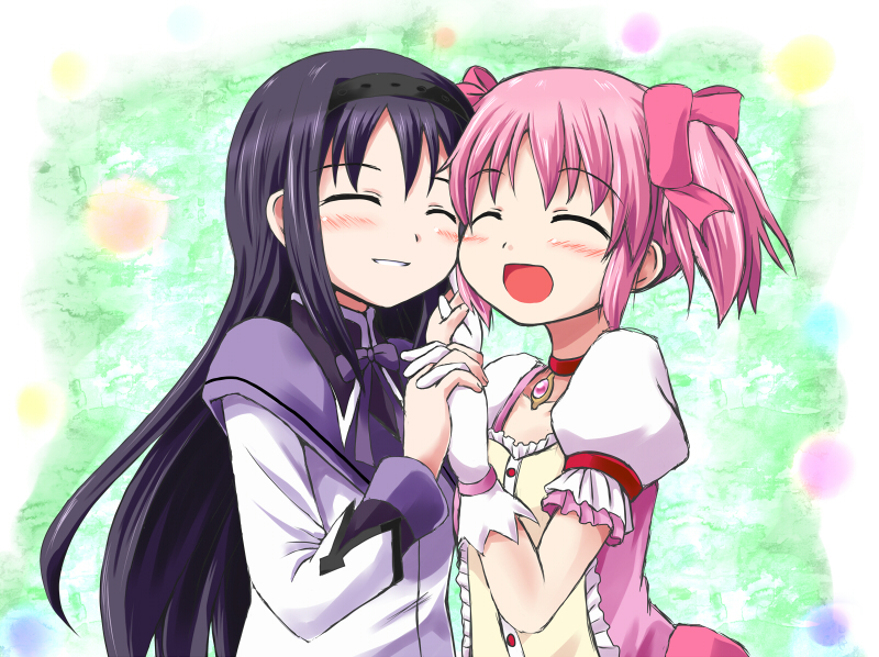 akemi_homura, blush, braid, capelet, cheek-to-cheek, cheek_to_cheek, choker, closed_eyes