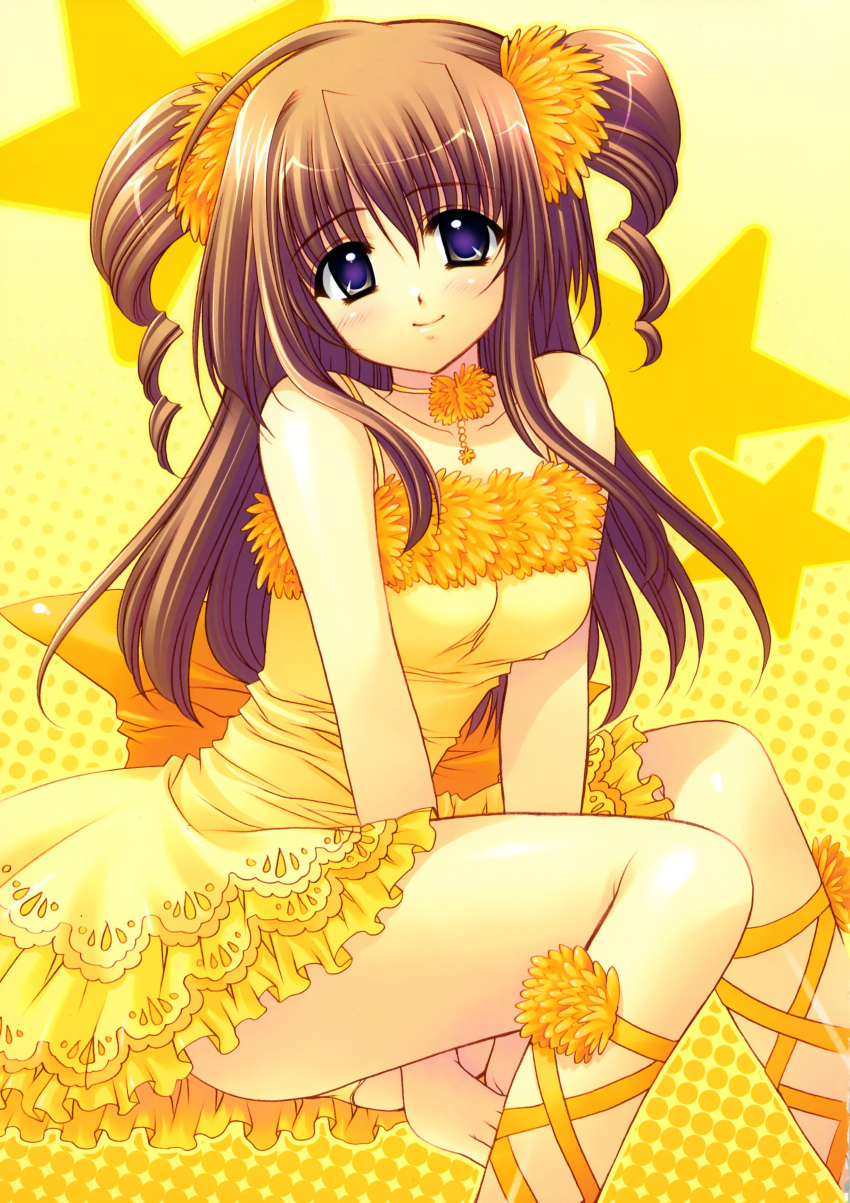 absurdres, brown_hair, copyright_request, dress, drill_hair, highres, lace-up_thighhighs, legs, nishimata_aoi, panties, possible_duplicate, purple_eyes, star, twin_drills, underwear, violet_eyes, yellow_panties