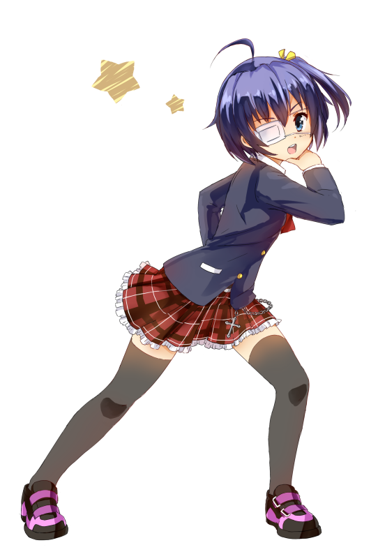 :d, ahoge, black_legwear, blazer, blue_eyes, blue_hair, chuunibyou_demo_koi_ga_shitai!, cross