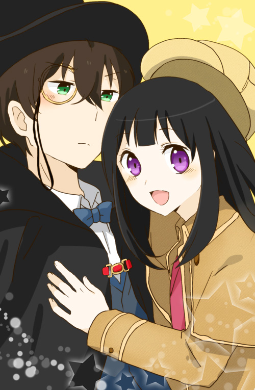 1girl, black_hair, brown_hair, cape, chitanda_eru, cosplay, detective, green_eyes