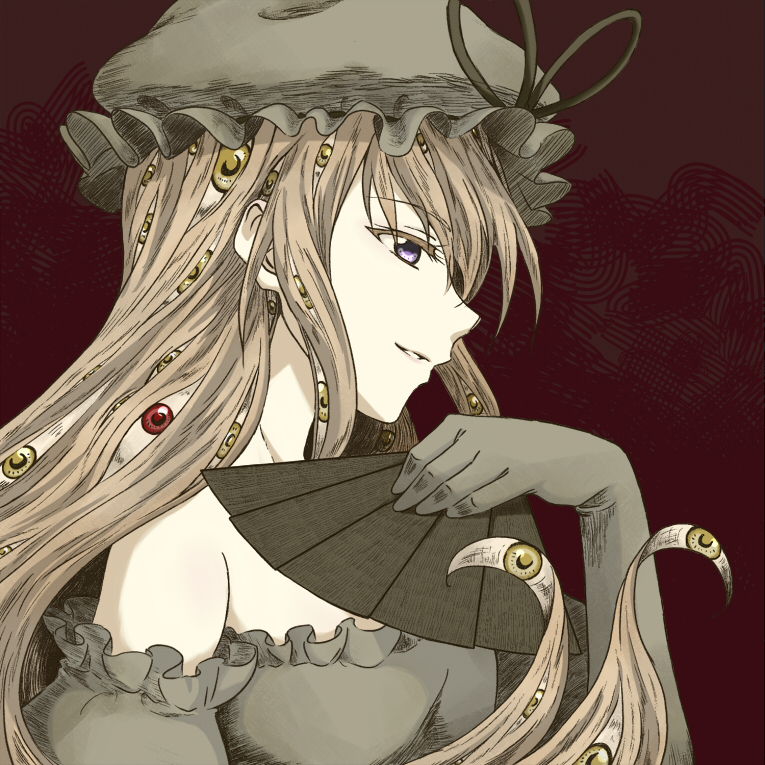 black_background, blonde_hair, dress, elbow_gloves, eyes, fan, folding_fan, gloves, hat, hat_ribbon, long_hair, purple_eyes, ribbon, simple_background, smile, solo, strange_84, strapless_dress, touhou, violet_eyes, yakumo_yukari