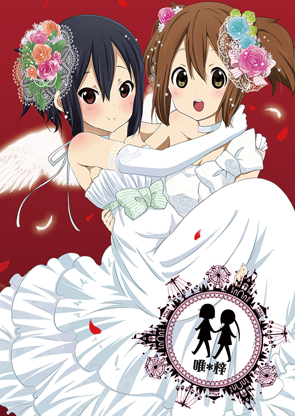 :d, alternate_hairstyle, bare_shoulders, black_hair, blush, bow, brown_hair, carrying, cover, cover_page, dress, elbow_gloves, flower, gloves, hair_flower, hair_ornament, hirasawa_yui, k-on!, looking_at_viewer, looking_back, multiple_girls, nakano_azusa, open_mouth, petals, princess_carry, ragho_no_erika, red_background, red_eyes, ribbon_choker, short_hair, side_ponytail, simple_background, smile, wedding_dress, white_gloves, winds, wings, yuri