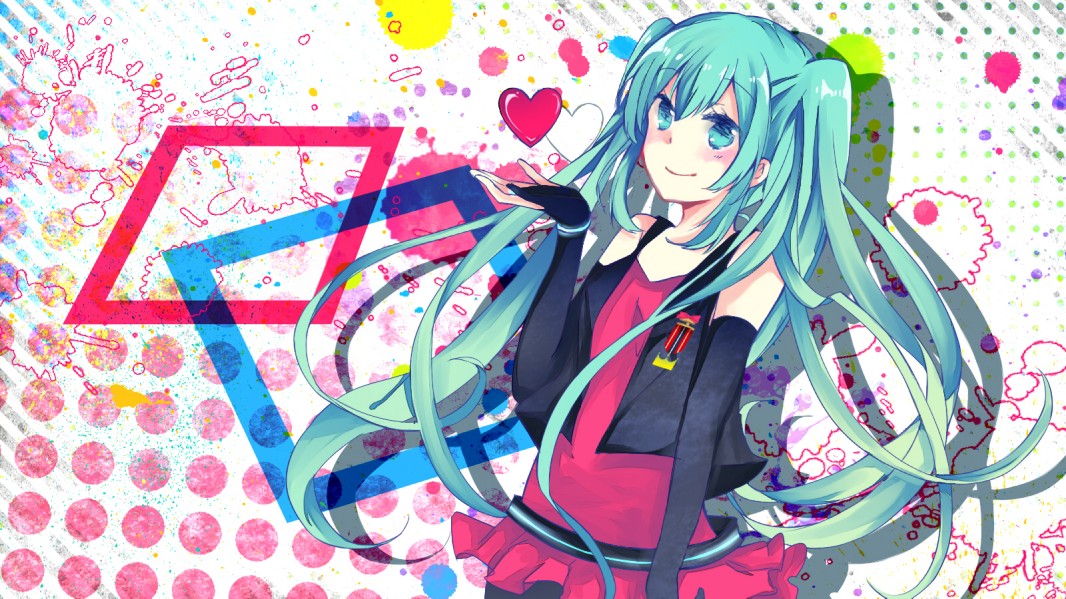 aqua_eyes, aqua_hair, bridal_gauntlets, clow, hatsune_miku, heart, long_hair, smile