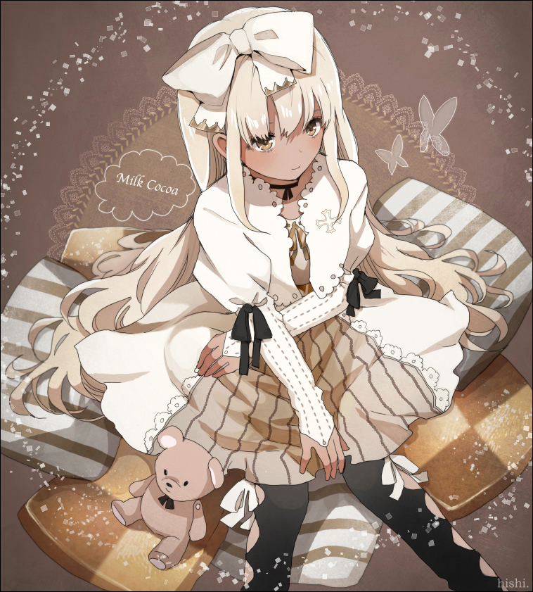brown_eyes, butterfly, dark_skin, dress, english, highres, k-xaby, long_hair