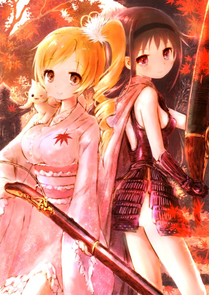 ;3, akemi_homura, alternate_hairstyle, armor, arquebus, autumn_leaves, back-to-back, black_hair