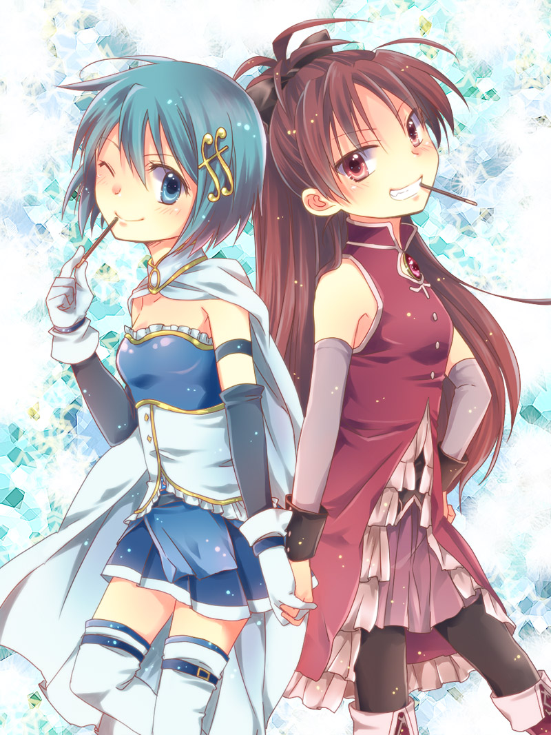 ;), bare_shoulders, black_legwear, blue_eyes, blue_hair, blush, cape, detached_sleeves