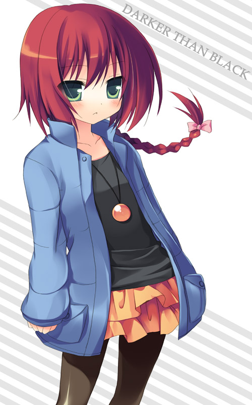 braid, darker_than_black, flat_chest, green_eyes, jewelry, long_hair, necklace, pantyhose