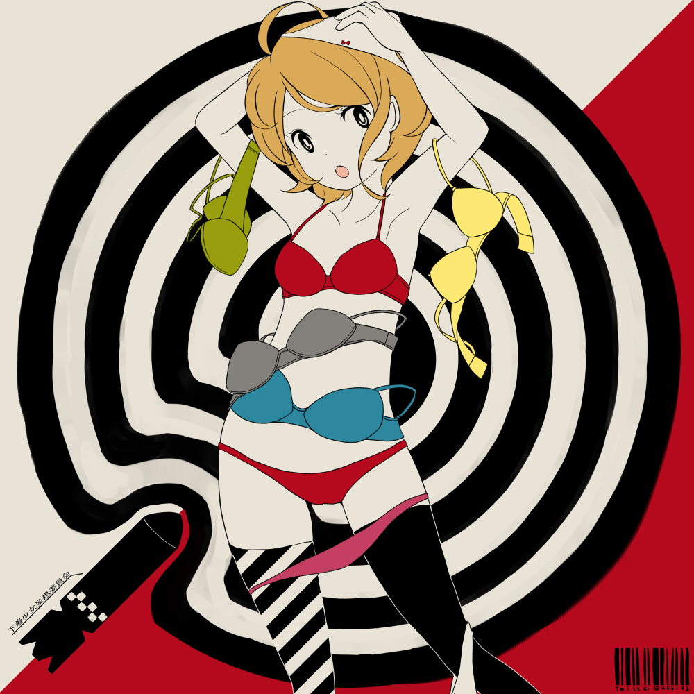 456, armpits, arms_up, barcode, bomb, bra, flat_color, kagamine_rin
