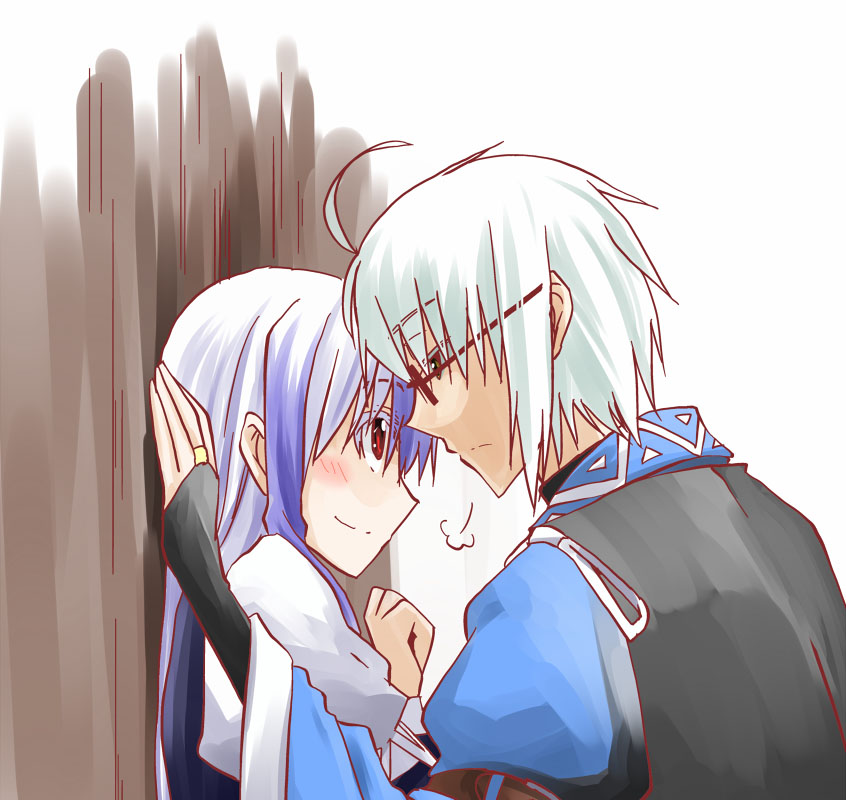 1boy, 1girl, ahoge, blue_hair, blush, collar, couple, glasses