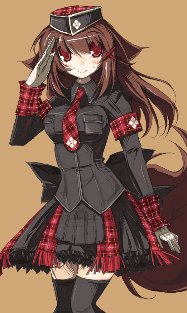 animal_ears, black_legwear, blush, breasts, brown_hair, endou_chihiro, garrison_cap, gloves