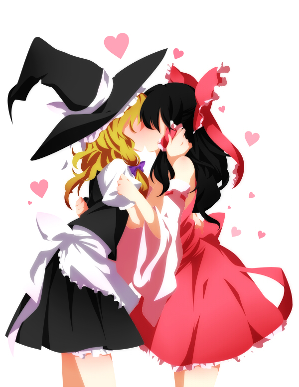 apron, bow, detached_sleeves, hair_bow, hakurei_reimu, hat, heart, kirisame_marisa, kiss, knbilove, multiple_girls, mutual_yuri, no_lineart, puffy_short_sleeves, puffy_sleeves, short_sleeves, side, simple_background, skirt, skirt_set, touhou, white_background, wide_sleeves, witch, witch_hat, yuri