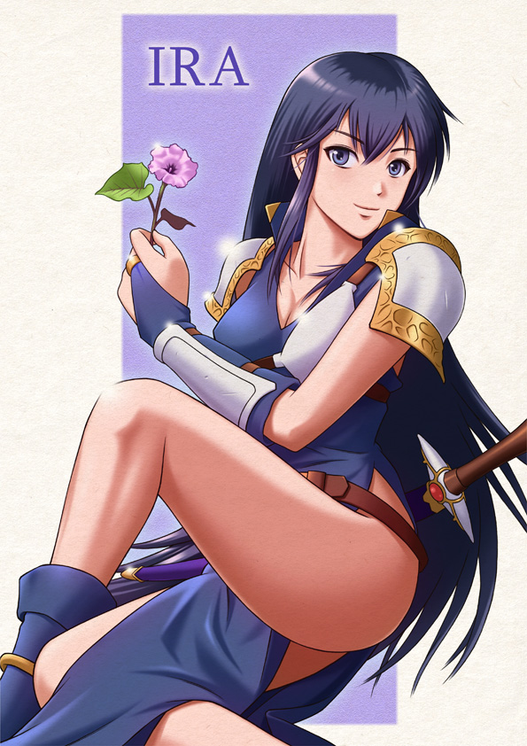 aira_(fire_emblem), armor, belt, black_hair, blue_eyes, boots, breasts, bridal_gauntlets, character_name, cleavage, elbow_gloves, fire_emblem, fire_emblem:_seisen_no_keifu, flower, gloves, legs, long_hair, popped_collar, raisakusan, shoulder_pads, side_slit, smile, solo, strap, sword, weapon
