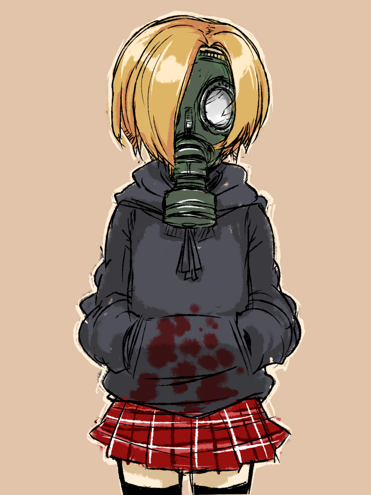 black_legwear, blonde_hair, gas_mask, hair_over_one_eye, hands_in_pockets, hoodie, idolmaster, idolmaster_cinderella_girls