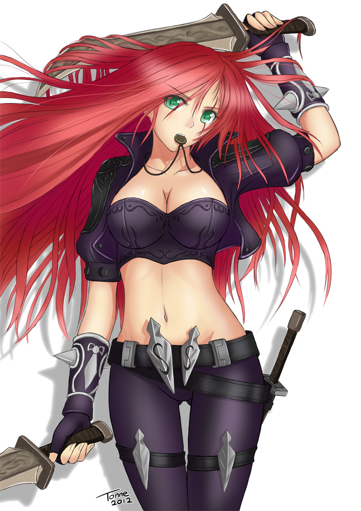 assassin, belt, breasts, bustier, capelet, cleavage, dagger, fingerless_gloves