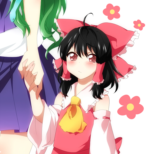 ascot, black_hair, blush, bow, child, detached_sleeves, flower, hair_bow