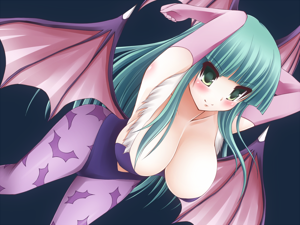 arms_up, bat_wings, blush, breasts, bridal_gauntlets, cleavage, demon_girl, elbow_gloves, gloves, green_eyes, green_hair, head_wings, large_breasts, leotard, long_hair, morita, morrigan_aensland, pantyhose, print_pantyhose, solo, succubus, vampire_(game), wings