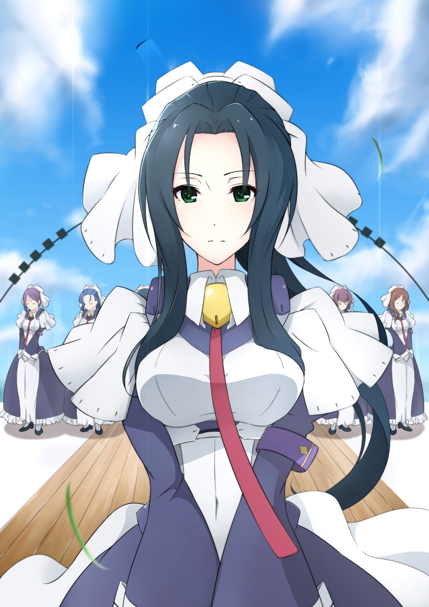 6+girls, blue_hair, breasts, brown_hair, closed_eyes, cloud, clouds, eyes_closed, gloves, green_eyes, highres, kyoukai_senjou_no_horizon, long_hair, maid, multiple_girls, musashi_(horizon), musashino_(horizon), necktie, payot, purple_hair, shinagawa_(horizon), sky, takao_(horizon), tama_(horizon), yokke