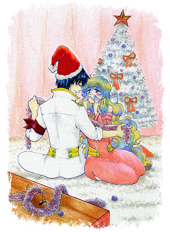1girl, blue_hair, boota, christmas, christmas_tree, couple, fake_mustache, hat